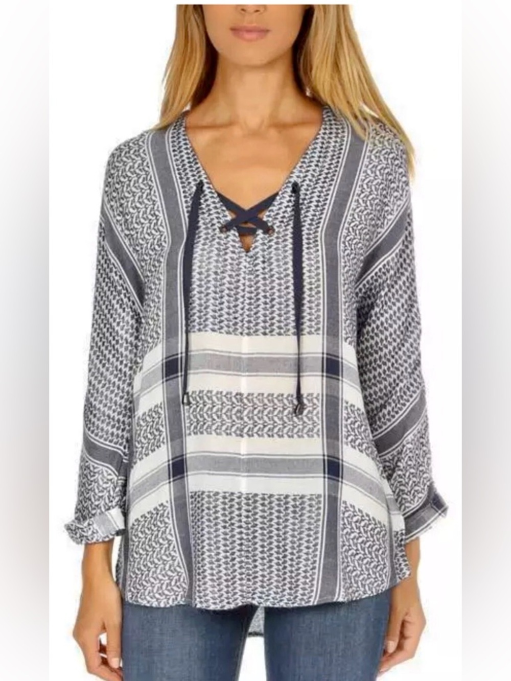 Rails Anthropolgie Lily Sapphire Jacquard Blue/White Baja Pullover Top Size XS